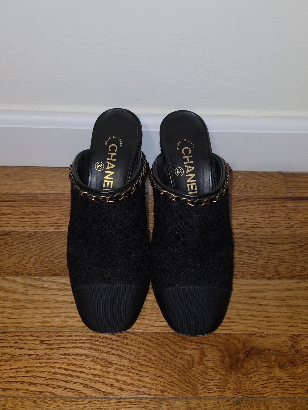 CHANEL Black Tweed & Leather Chain-Trim Block Heel Mules - Size 37.5